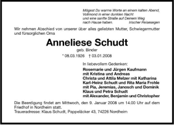 Traueranzeige von Anneliese Schudt 