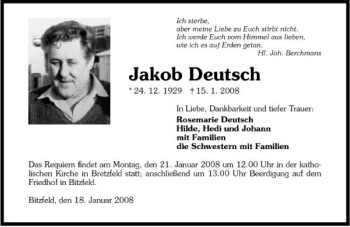 Traueranzeige von Jakob Deutsch 