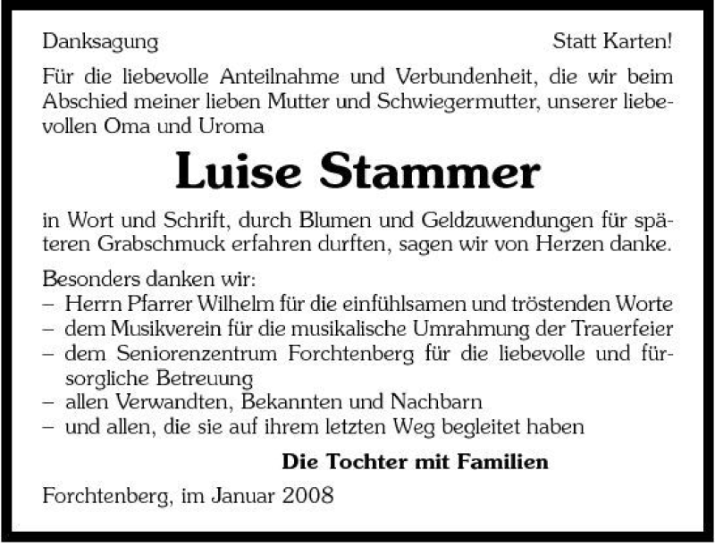  Traueranzeige für Luise Stammer vom 19.01.2008 aus 