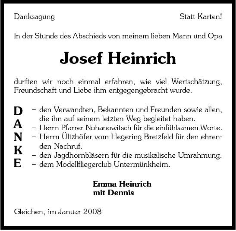  Traueranzeige für Josef Heinrich vom 23.01.2008 aus 