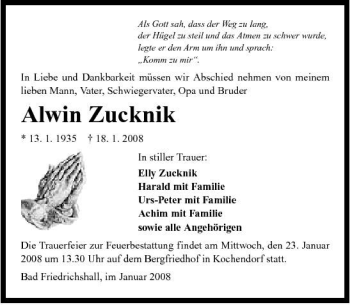 Traueranzeige von Alwin Zucknik 