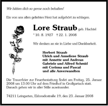 Traueranzeige von Lore Straub 