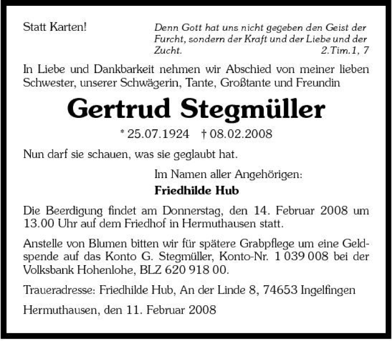  Traueranzeige für Gertrud Stegmüller vom 12.02.2008 aus 