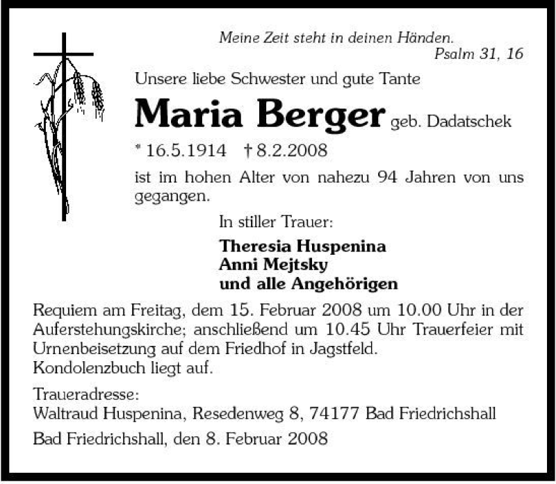  Traueranzeige für Maria Berger vom 13.02.2008 aus 