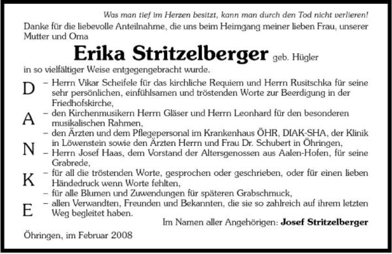  Traueranzeige für Erika Stritzelberger vom 15.02.2008 aus 