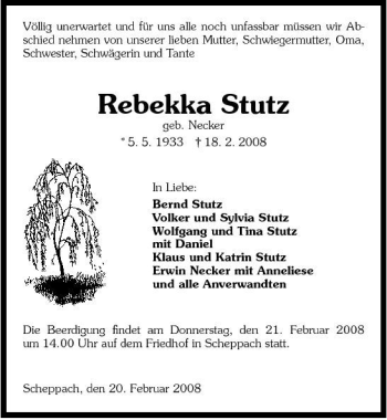 Traueranzeige von Rebekka Stutz 