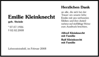 Traueranzeige von Emilie Kleinknecht 