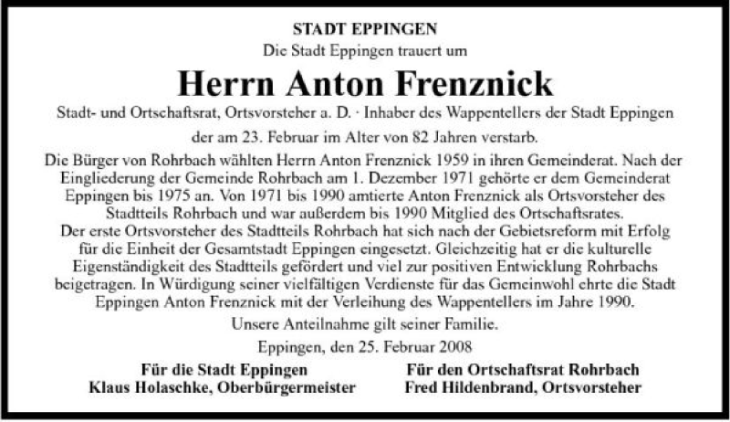  Traueranzeige für Anton Frenznick vom 26.02.2008 aus 