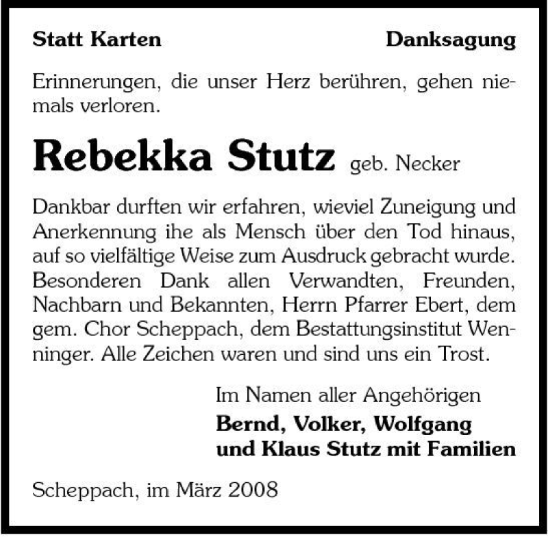  Traueranzeige für Rebekka Stutz vom 01.03.2008 aus 