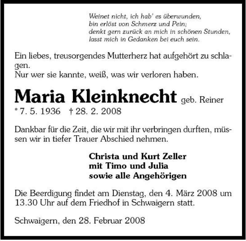  Traueranzeige für Maria Kleinknecht vom 01.03.2008 aus 