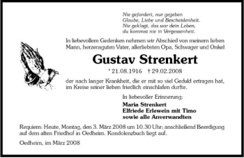 Traueranzeige von Gustav Strenkert 
