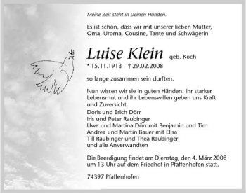Traueranzeige von Luise Klein 