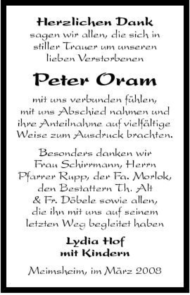 Traueranzeige für Peter Oram vom 12.03.2008 aus 