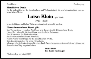 Traueranzeige von Luise Klein 