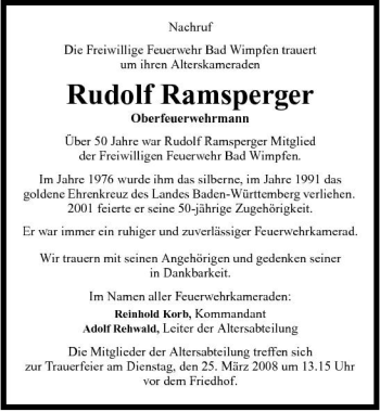 Traueranzeige von Rudolf Ramsperger 