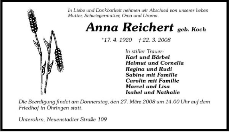 Traueranzeige für Anna Reichert vom 25.03.2008 aus 
