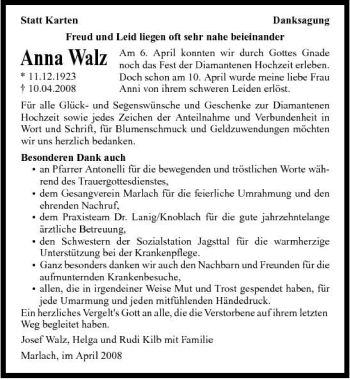 Traueranzeige von Anna Walz 