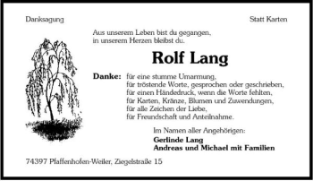 Traueranzeige von Rolf Lang 