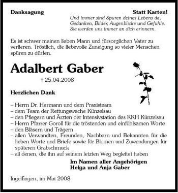 Traueranzeige von Adalbert Gaber 