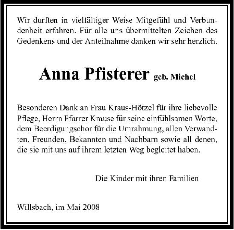  Traueranzeige für Anna Pfisterer vom 17.05.2008 aus 