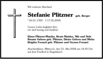 Traueranzeige von Stefanie Plitzner 