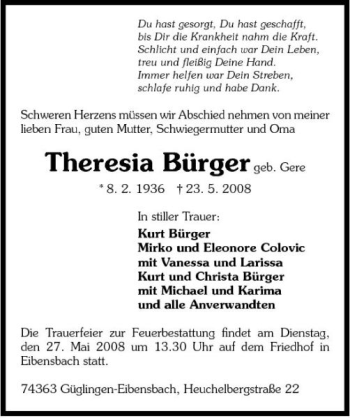 Traueranzeige von Theresia Bürger 