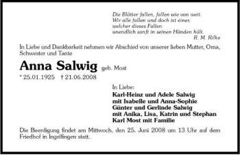 Traueranzeige von Anna Salwig 