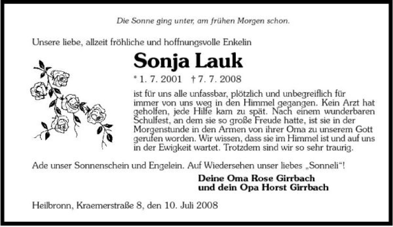  Traueranzeige für Sonja Lauk vom 10.07.2008 aus 
