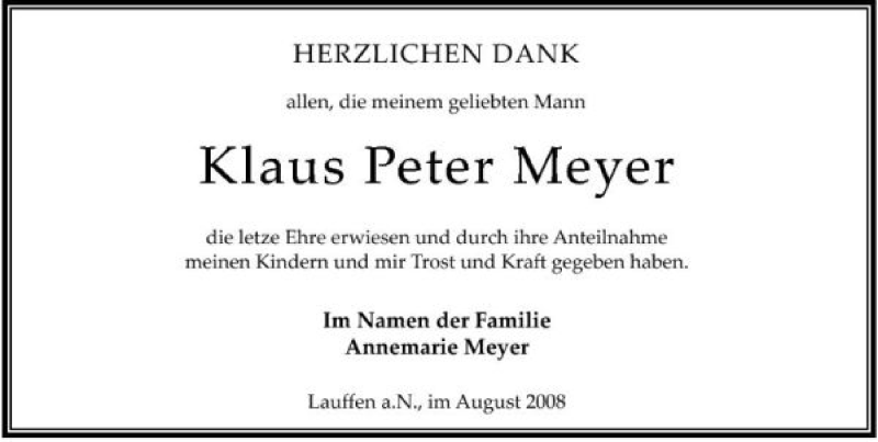  Traueranzeige für Klaus Peter Meyer vom 11.08.2008 aus 
