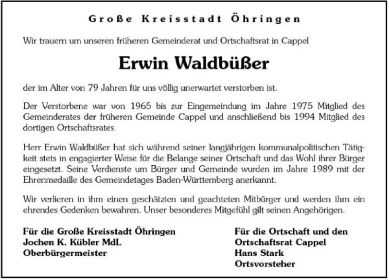  Traueranzeige für Waldbüßer Erwin vom 23.08.2008 aus 