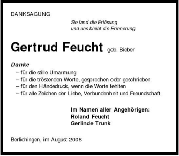 Traueranzeige von Gertrud Feucht 