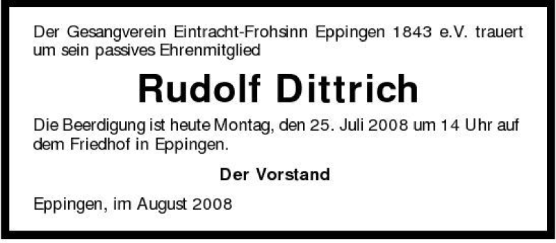  Traueranzeige für Rudolf Dittrich vom 25.08.2008 aus 