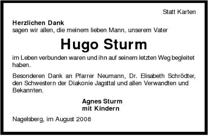  Traueranzeige für Hugo Sturm vom 29.08.2008 aus 