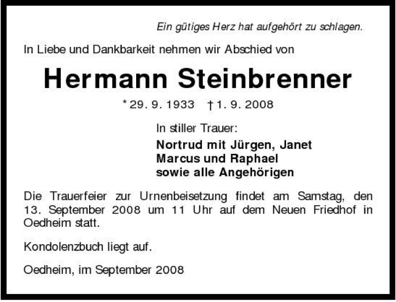  Traueranzeige für Hermann Steinbrenner vom 10.09.2008 aus 