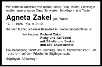 Traueranzeige von Agneta Zakel 