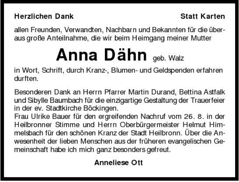  Traueranzeige für Anna Dähn vom 09.09.2008 aus 