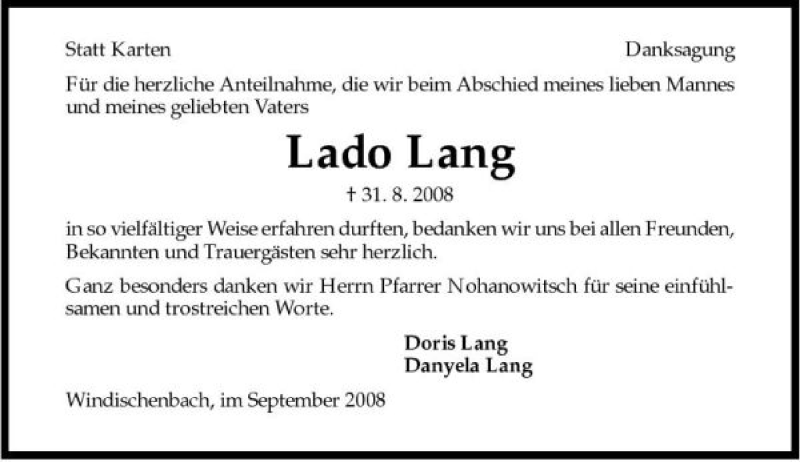  Traueranzeige für Lado Lang vom 15.09.2008 aus 