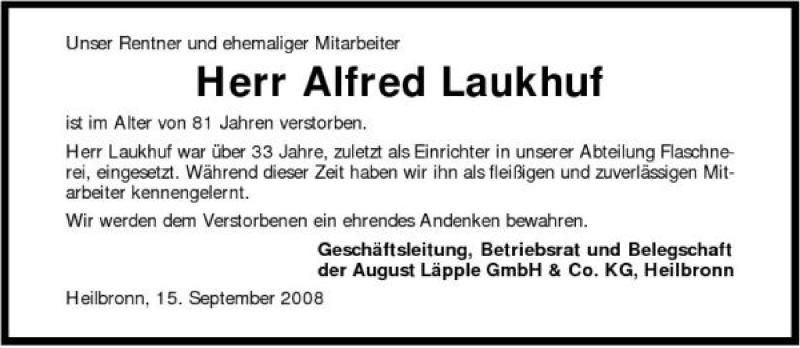  Traueranzeige für Alfred Laukhuf vom 16.09.2008 aus 