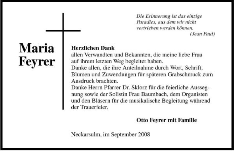  Traueranzeige für Feyrer Maria vom 20.09.2008 aus 