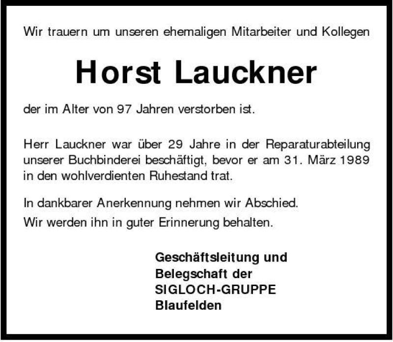  Traueranzeige für Horst 1280-1000 Lauckner vom 18.09.2008 aus 