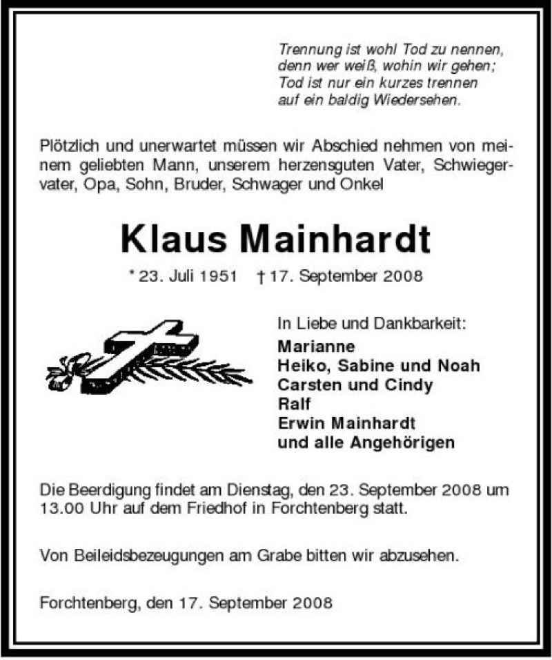  Traueranzeige für Klaus Mainhardt vom 19.09.2008 aus 