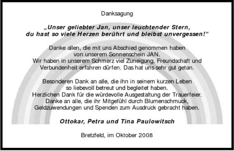  Traueranzeige für Jan Paulowitsch vom 04.10.2008 aus 