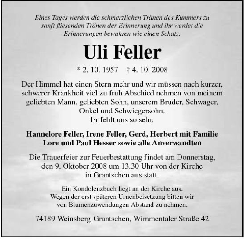 Traueranzeige für Uli Feller vom 07.10.2008 aus 