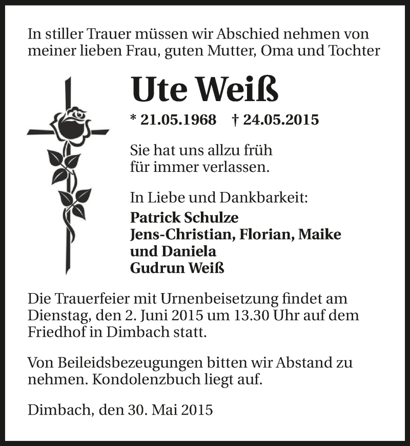  Traueranzeige für Ute Weiß vom 30.05.2015 aus 