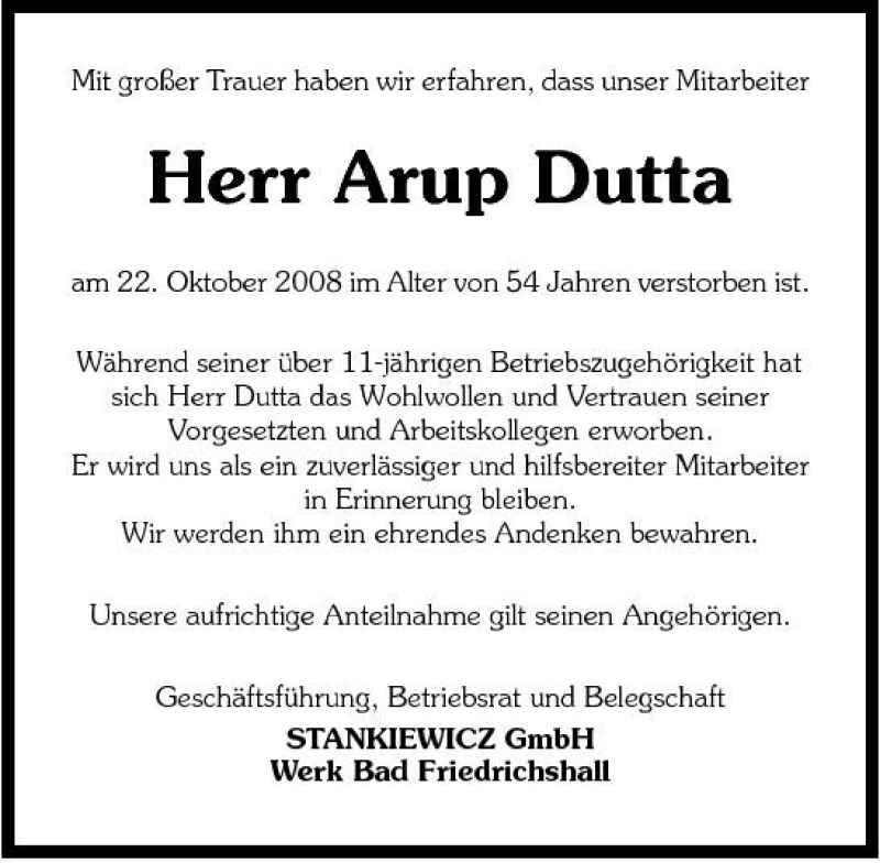  Traueranzeige für Arup Dutta vom 28.10.2008 aus 