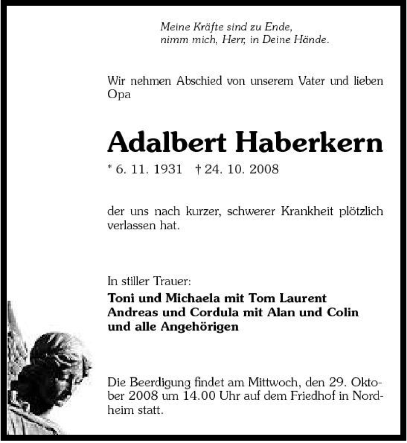  Traueranzeige für Adalbert Haberkern vom 27.10.2008 aus 