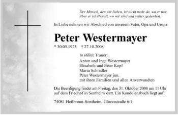 Traueranzeige von Peter Westermayer 