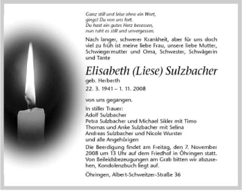 Traueranzeige von Elisabeth Sulzbacher 