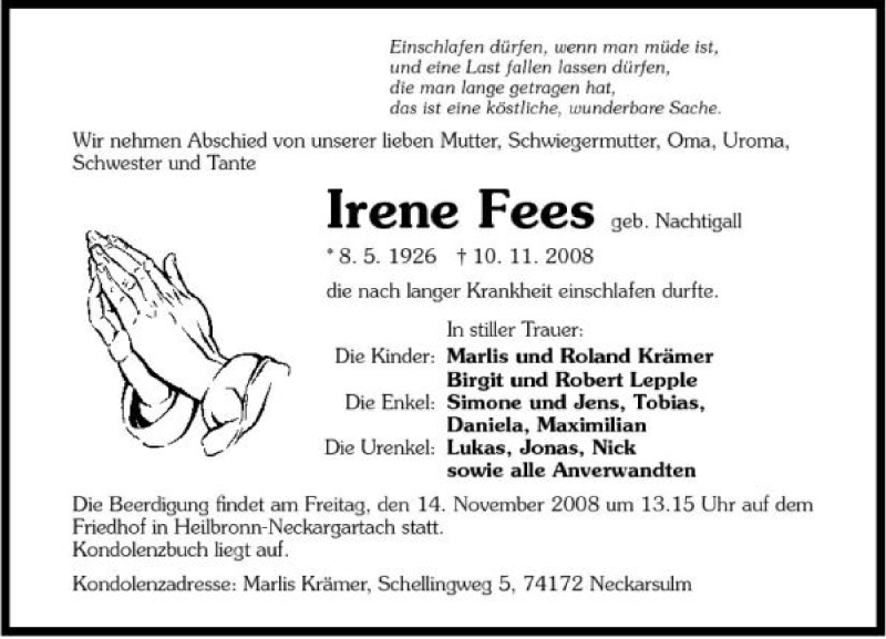  Traueranzeige für Irene Fees vom 12.11.2008 aus 