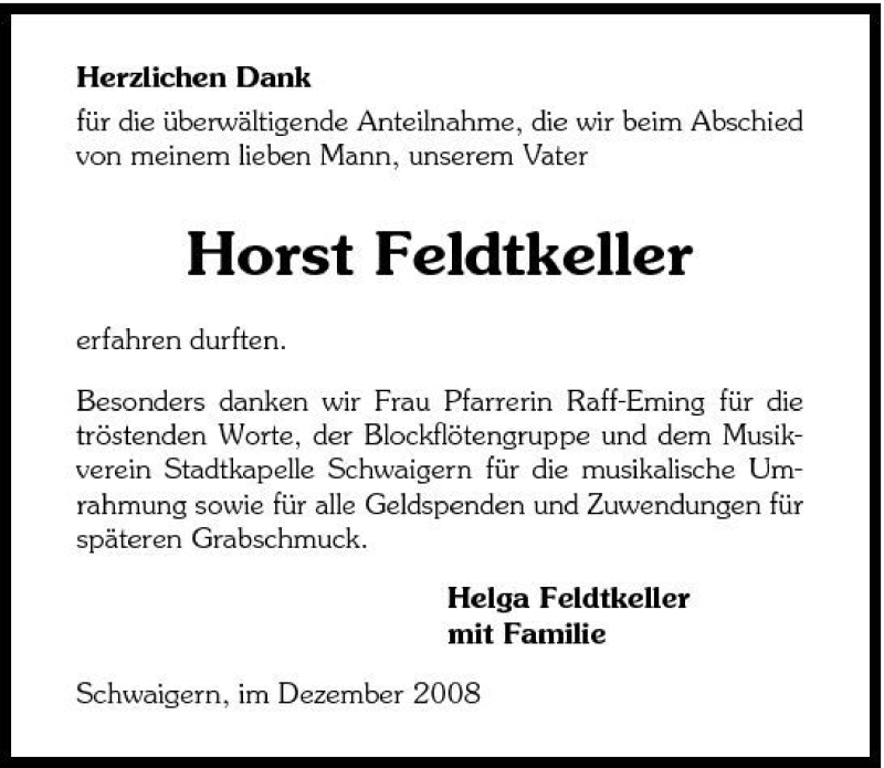  Traueranzeige für Feldtkeller Horst vom 03.12.2008 aus 